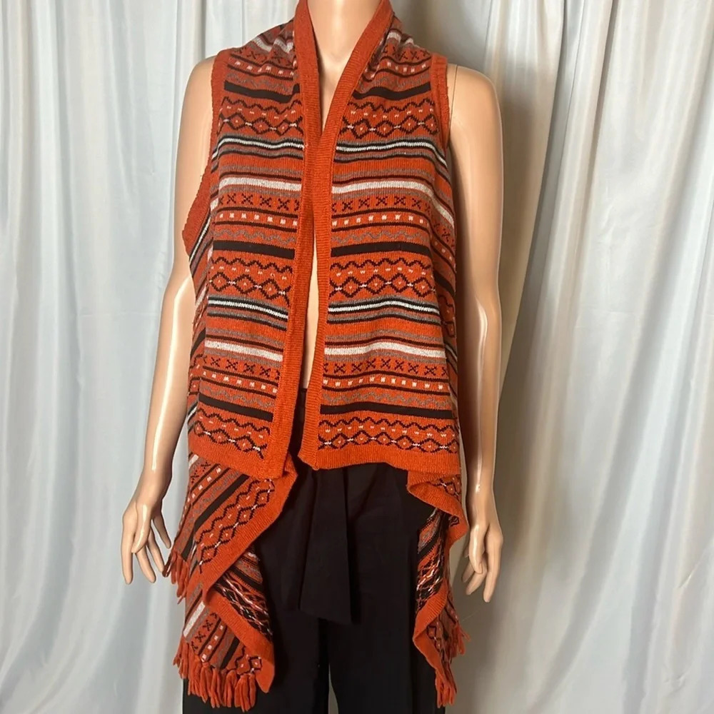 Cedico Tribal Knit Fringe Open Front Sweater Vest Rust Orange Size Small